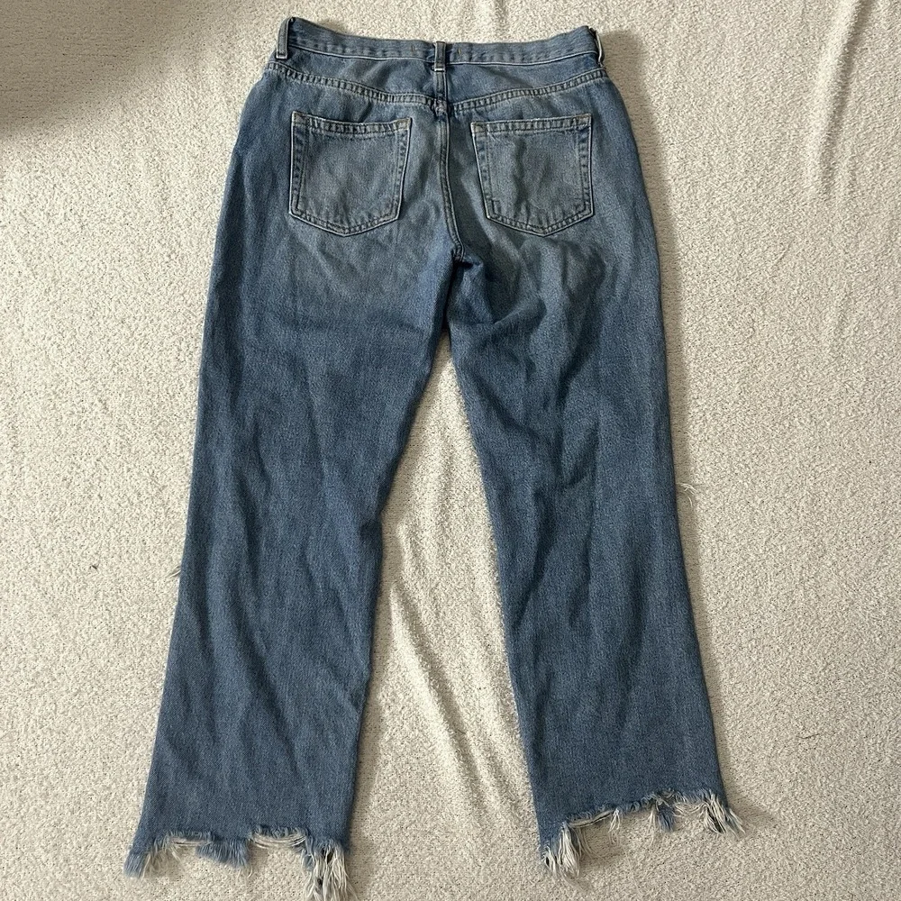 We The Free Jeans Women 28 Blue Distressed Straight Leg High Rise Button Fly Raw